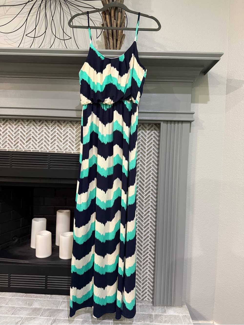 NAIF Chevron Stripe Maxi Dress in Navy, Teal & Cream